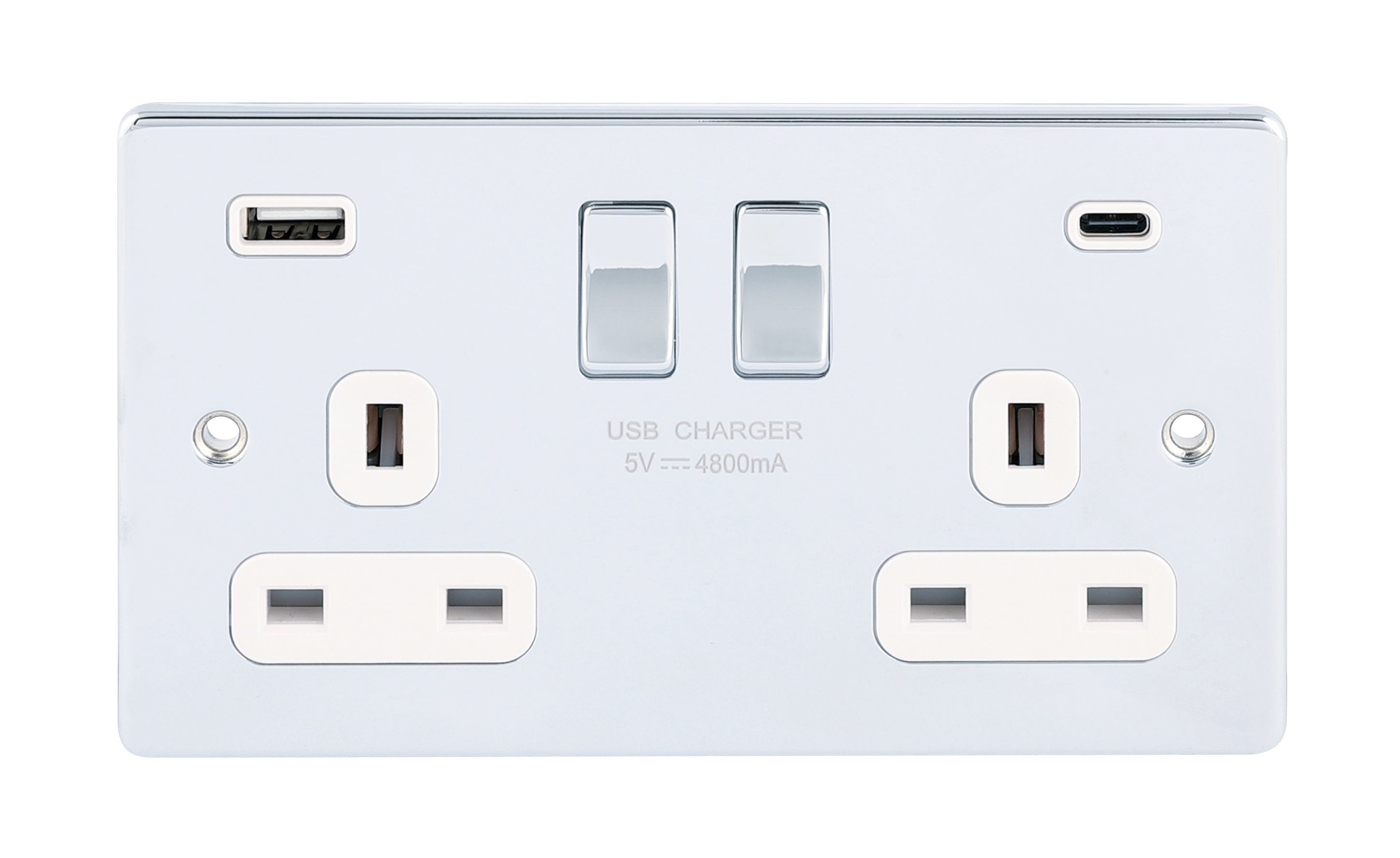 D-S132USB4C-PCW 2 Gang Switched Sockets with USB & 4.8A A+C type White Insert Polished Chrome